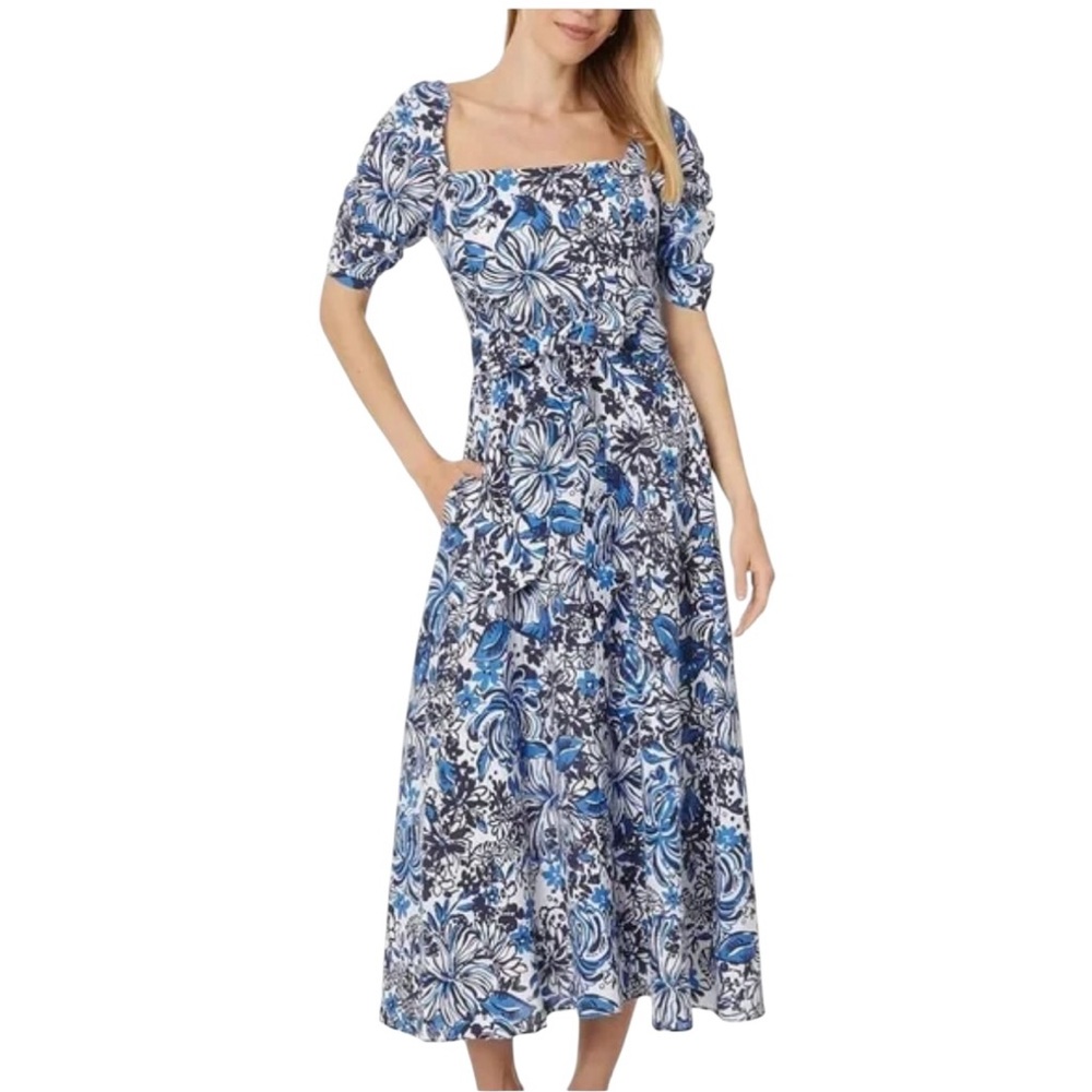 LILLY PULITZER Mylie short sleeve 100% linen Low Tide Navy midi dress sz 10 NWT!